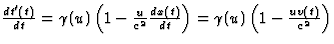 $\frac{dt^\prime(t)}{dt}=
\gamma(u)\left(1-\frac{u}{c^2}\frac{dx(t)}{dt}\right)=\gamma(u)\left(1-\frac{uv
(t)}{c^2}\right)$